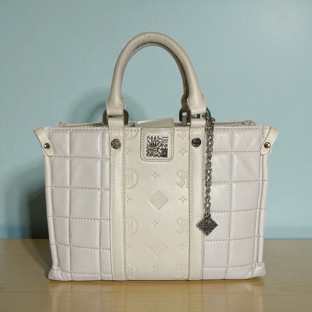 Steve Madden Quilted Monogram Small Satchel Crossbody Bag Ivory Strap & Charm